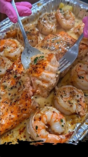 Creamy Garlic Butter Shrimp & Seared Salmon