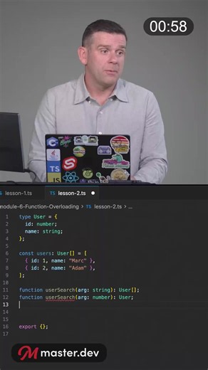 Tired of exposing a messy union type from your TypeScript functions? 😩 Adam Rackis shows how function overloading gives you clean, separate APIs instead, and how TypeScript catches you if you don't fully cover every case. Full course: TypeScript in the Age of AI #TypeScript #WebDevelopment #JavaScript #SoftwareEngineering #DevTips