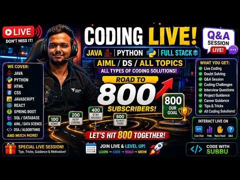 🔥 Coding LIVE | Java, Python, Full Stack, AI/ML & DSA | Road to 800 Subscribers 🚀 #live #livestream