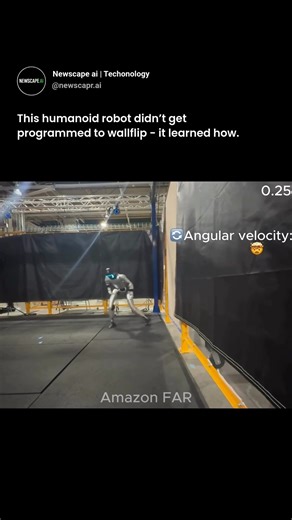 Newscape ai | Technology on Instagram: "The speed is unreal 👀 A humanoid robot just learned how to do a wall flip entirely through AI. No hand-coded motions. No scripted tricks. The project comes from Amazon’s Foundation Agents and Robotics team, using two AI systems: OmniRetarget and BeyondMimic. OmniRetarget studies how humans move and maps those motions onto a robot’s body and physics. BeyondMimic then takes over, using reinforcement learning to let the robot practice again and again until i