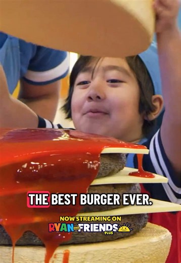 🍔🎉 It’s burger time! How do you like yours cooked? Watch episodes of Ryan's Mystery Playdate on Ryan and Friends Plus. Link in bio . Watch Ryan take on a giant burger-making challenge where Daddy tosses huge meat patties for him to catch on the buns. As the layers stack up with patties and cheese, Mommy finishes it off with a bucket full of ketchup! Get ready for big laughs and even bigger burgers! . #ryansworld #ryansmysteryplaydate #throwback #burgers #food