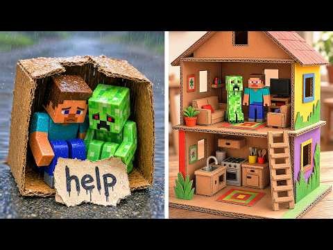 Let's Save Creeper And Steve 🥹 Cardboard Mini House DIY!