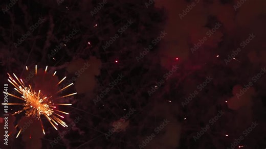 Video shows a spectacular fireworks display. It begins with red bursts, builds to a multi-colored finale, and ends with fading embers against the dark night sky. A celebration sequence.