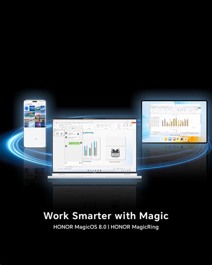 Unlock the power of parallel screen sharing with #HONOR MagicRing! In just one single step, slide through tasks effortlessly, collaborate with ease, and work smarter with that touch of magic in your workday. 💫 #DiscoverTheMagic | HONOR