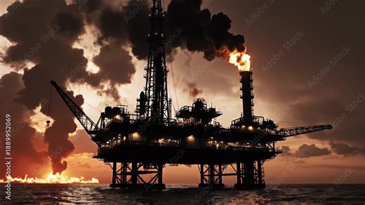 Offshore Oil Rig Flare - This video shows an offshore oil rig platform with a prominent gas flare against a dramatic sky. The scene evokes a sense of energy production and industrial activity.