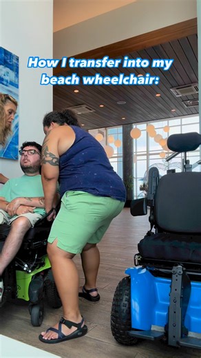 To transfer from my everyday power wheelchair into my Magic Mobility Extreme X8 all-terrain wheelchair (it can roll on the beach!!), we use the ableSling Lite transfer sling. This transfer sling goes under me and has handles on it, so two people can lift me fairly easily. Once I’m transferred into my all-terrain chair, I’m ready for a fun day on the sand! 🏝️♿️ [This chair is from Sunrise Medical… check out their site for more info! Also, thanks to Kayla and my mom for lifting my big butt up! 😂