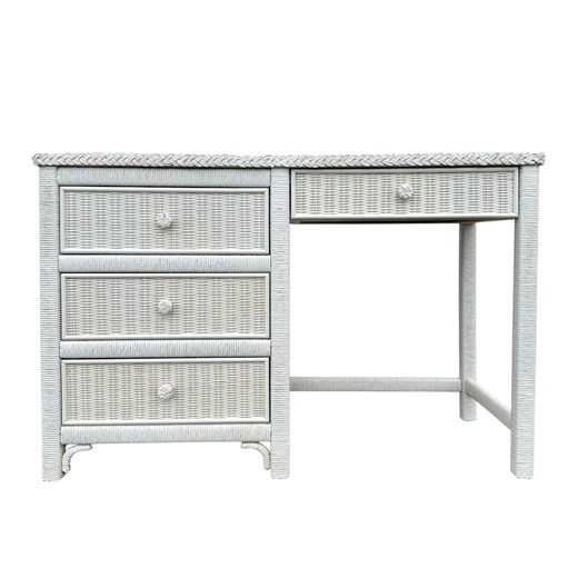 White Wicker Desk by Henry Link 46” Wide - Vintage Coastal Rattan Boho Chic Hollywood Regency Style Glass Table Top Furniture - Etsy