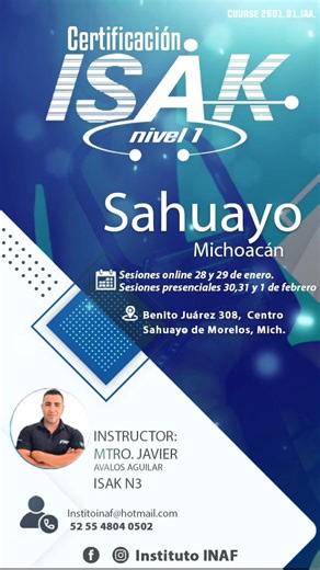 CERTIFICACIÓN ISAK NIVEL 1 Por primera vez en Sahuayo, Michoacán tendrás la oportunidad de certificarte como Antropometrista Isak nivel 1. El objetivo principal del curso es proporcionarte las herramientas necesarias para realizar una evaluación antropométrica precisa, siguiendo los estándares internacionales de ISAK. Aprenderás a identificar puntos anatómicos, tomar mediciones de pliegues cutáneos, perímetros y diámetros para calcular la composición corporal y el somatotipo. 👤👩🏻‍💻Sahuayo: S