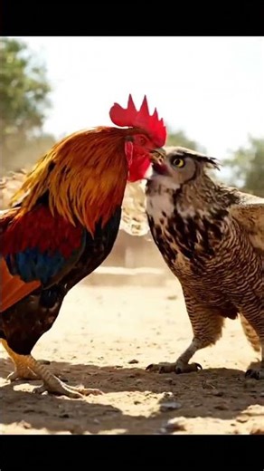 A rooster fighting against of huge hunter owl