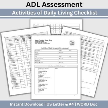 Activities of Daily Living Worksheet Editable WORD Template