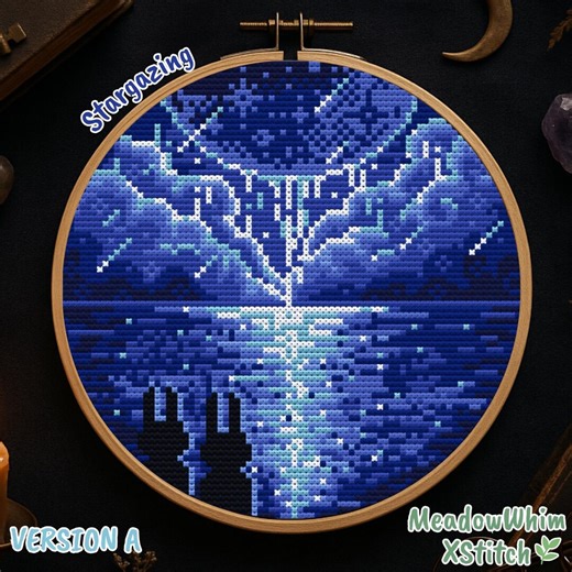 Moon Ocean Cross Stitch Pattern, Stargazing Rabbits Embroidery Chart, Night Sky Design, Lunar Seascape Needlework PDF - Etsy