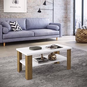 Modern Classic Rectangular Coffee Table with Shelf - Durable MDP Construction in 4 Chic Color Combinations for Living Room or Office Décor (White - Nature)