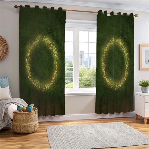 Lord of the Rings Curtains, Golden Elven Script Curtain,green Forest Style Drapery,fantasy World Magic Ring Window Decor,living Room Curtain - Etsy
