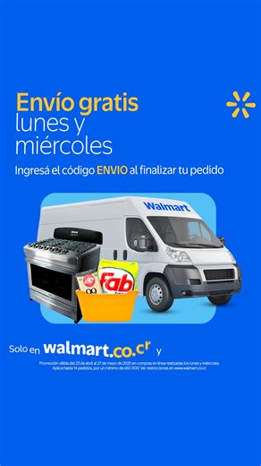 ¡Aquí tu envío es gratis! Comprando en Walmart en línea los lunes y miércoles, ingresá el código ENVIO al finalizar tu pedido. 🙌 Promoción válida del 23 de abril al 27 de mayo de 2025 en compras en línea realizadas los lunes y miércoles. Aplica hasta 14 pedidos, por un mínimo de ₡60 000. Ver restricciones en www.walmart.co.cr | Walmart Costa Rica