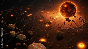 Cosmic Collision: A fiery spectacle of celestial bodies colliding in a breathtaking display of cosmic chaos. A digital artwork depicting a planetary system's violent birth or destruction.