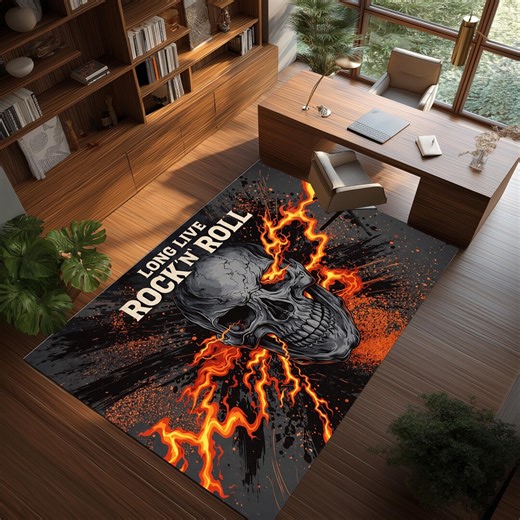 Rock Skull Rug: Fire Flame Pattern Carpet, Black Orange Gothic Music Theme Decor Design - Etsy