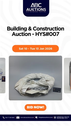 Building and Construction Auction - HYS#007 | SAT 10 JAN > TUE 13 JAN 2026 💥Auction Now LIVE on the ABC Auctions App [x] Download the ABC Auctions App Now - https://qrco.de/ABC_Auctions [x] Start Bidding - https://tinyurl.com/63p77t46 [X] Subscribe to our YouTube Channel for more content - https://youtube.com/@abcauctions7837 📲Contact us today to find out how we can help you sell your vehicles & Goods: Harare: 📞Call: 086 77009 086 📲WhatsApp: https://wa.link/hoz14b 📍ABC Auctions, Hatfield Ho