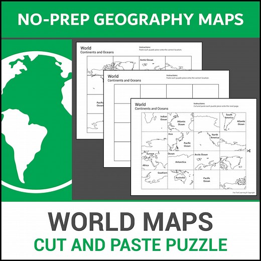 Printable Cut & Paste Puzzle World Maps | Learn Continents and Oceans | Geography Lesson | No Prep Worksheets - Etsy