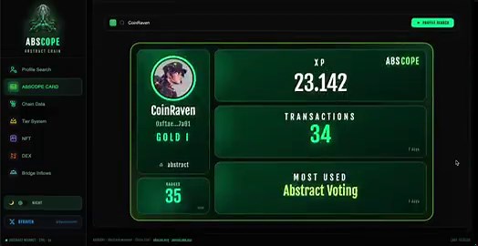 🟢 My first project "ABSCOPE" is live 🚀I’ll be adding new tools next week. Looking forward to your feedback 🫡🔍 PROFILE SEARCHEnter a portal username or wallet address to view:> Transaction history (TX)> Badges> Profile card> Most used dApps> Interacted contracts🪪 ABSCOPE CARD> Enter a portal username or wallet address.> Your last 1 week of activity is automatically turned into a shareable card.> You can manually add your XP and share it.📊 CHAIN DATA> TVL with chart> Total transactions> Dail