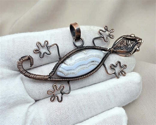 Blue Lace Agate Wire Wrapped Pendant, Handmade Copper Pendant, Statement Necklace - Etsy