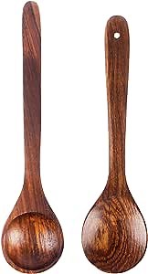 Wooden Spoons for Cooking - 2 Piece Non Stick Wooden Spoon Set - Natural Wood Kitchen Utensils - Wooden Spoons, Spatula Set, Slotted Spoon & Pasta Spoon - Handmade Teakwood Wooden Spoon Set
