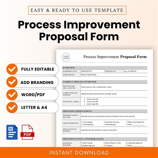 Process Improvement Proposal Form Template – Word & PDF, A4 + US Letter - Etsy