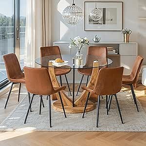 Round Glass Dining Table Set for 6, Modern 48" Temepred Glass Tabletop with Wood Pedestal, 7 Piece Circle Kitchen Table Set with 6 Upholstered Chairs