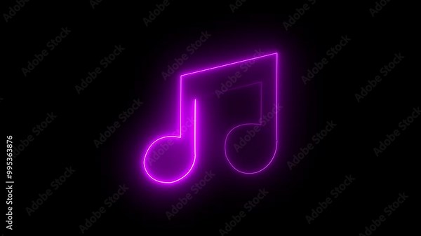 Glowing neon line musical note icon on black background. Music symbol neon color reveal and glowing loop effect animation ,neon glowing musical icon motion