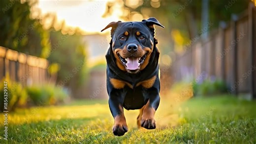 Joyful Rottweiler Sprinting Through a Sunny Meadow, Capturing Canine Delight and Energy