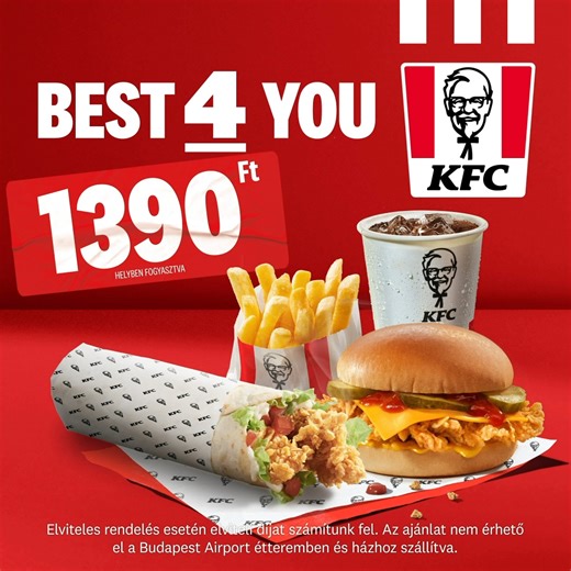 Top ajánlat, csak neked! 🫵 1 Sajtburger 1 iTwist kis sült burgonya üdítő = 1390 Ft helyben fogyasztva! Csekkold a Best4You ajánlatot a KFC-ben október 25-től! 📲 Az ajánlat a készlet erejéig vagy visszavonásig érvényes. Részletek: kfc.hu. Elviteles rendelés esetén elviteli díjat számítunk fel. Az ajánlat a KFC Budapest Airport étteremben nem érvényes. | KFC