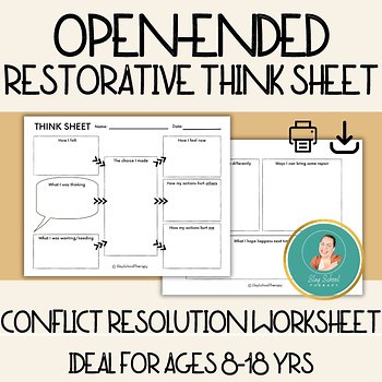 Open-ended Restorative Think Sheet, Behavior Reflection, Ages 8-18, Worksheet