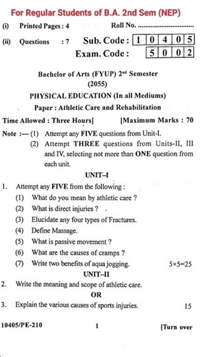 B.A. - 2nd Sem Physical Education (PYQ - 2025) for P U. Chd NEP Students
