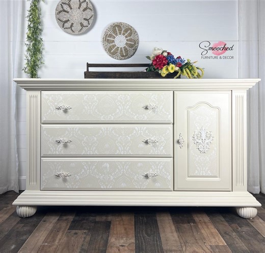 French Country Dresser: Ivory Stencil Design, Cream & Gold Rose Hardware - Etsy