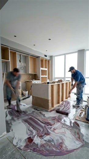 Red White Grey Epoxy Floor kitchen Satisfying!