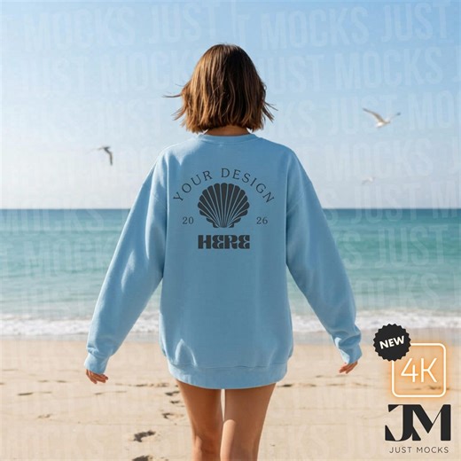 Light Blue Gildan 18000 Sweatshirt Mockups Back View Beach Ocean Background | Women Crewneck Mock Coastal Walk Photo | Women POD Mockup - Etsy