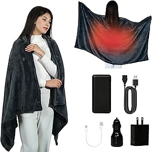 Cordless Heated Blanket, 3 Temp, 20000 mAh, Wireless, Portable, Black, Throw Blanket