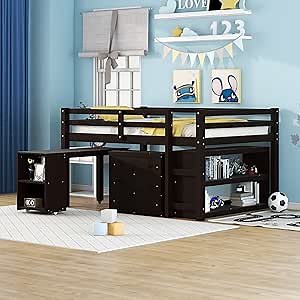 Bellemave Low Full Loft Bed with Desk and Dresser Wood Kids Loft Beds Frame with Cabinet & Storage Shelves & Rolling Portable Desk for Juniors, Teen, Boys, Girls, Full Size, Espresso