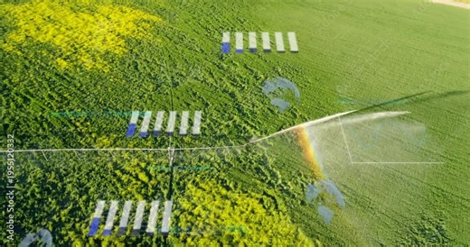 Center-pivot irrigation motor starting, spraying crops for farming while drone HUD displaying data