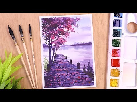 Watercolor painting of spring season landscape with cherry blossom trees and flowers