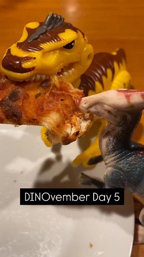 Oops! The dinosaurs get into the pizza party!!! A bit more of the disconnection play schema here as they pull apart the pizza! | Play Schemas | Facebook