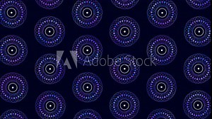 Vibrant purple and blue circles arranged in a swirling pattern on a black background. Each circle overlaps and emits a glowing blue light, creating a dynamic and energetic seamless pattern