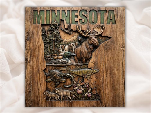 Minnesota Map STL Relief | Minnesota Wildlife 3D Carving File for CNC Router | Moose Loon Walleye Nature Wall Art Panel| Hand Carved STL - Etsy