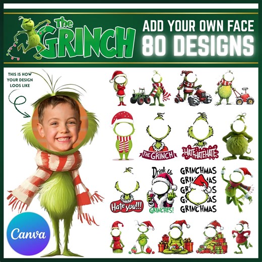 Grinch Christmas Design Add Photo, Face in Hole Template - Fully Editable in Canva , Printable Digital Download - Etsy Australia