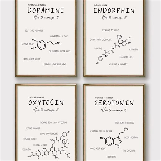 Happy Chemicals Posters, Set of 4 Mental Health Wall Art Prints for Therapy Office Decor Black, Happiness Hormones, How to Increase Them - Etsy New Zealand