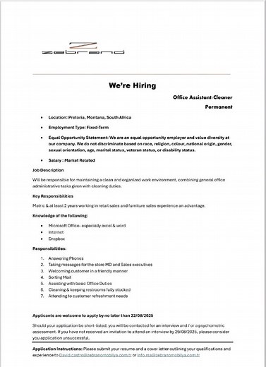 We're hiring a Office Assistant Cleaner in Pretoria. Email your CV, cover letter and qualifications to David.castro@zebranomobily.com.tr info@zebranomabily.com.tr #Jobs2024 #jobsearch #hiring #recruitment | Jobs For All, Learnership/Part-time/Full-time