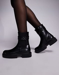 Armani Exchange buckle logo ankle boots in black | ASOS