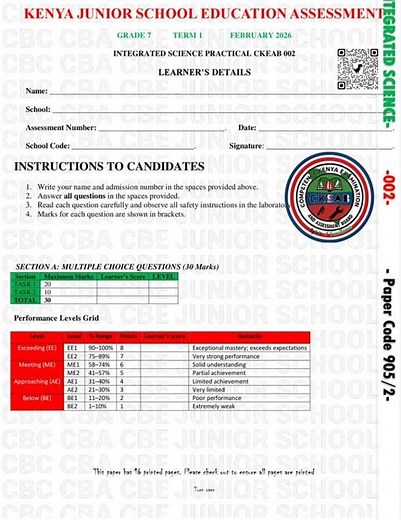 Grade 7 Integrated Science Paper 2 Mid Term 1 2026 Exam