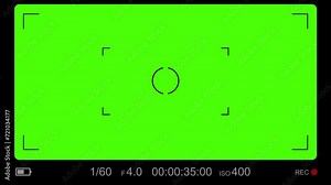 Camera viewfinder recording display and green screen background footage. Screen of video recorder digital display with photo camera frame overlay. Live cam cctv mobile phone cam Chroma key interface.