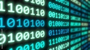 Digital communication concept using 8bit binary computer code numbers. 3D blue flowing data glow 4K pattern horizontal camera animation.