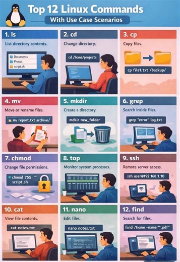 Top 12 Linux Commands - Real-Time Use Case Explained (Every IT fresher should know this Linux is everywhere — servers, cloud, DevOps, Al, MLOps. Here's how these 12 commands are used in real work, not just exams 1 Is - List files & folders Real use: When you login to a server and want to see what files are present in a directory. Example: Check logs, scripts, or config files. 2 cd - Change directory Real use: Move into project folders while deploying applications or checking logs. Example: cd /v